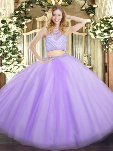 Lavender Zipper Quinceanera Gown Beading Sleeveless Floor Length
