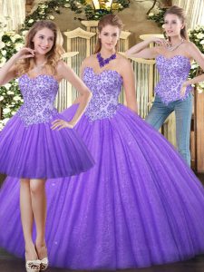 New Style Eggplant Purple Ball Gowns Appliques Quince Ball Gowns Zipper Tulle Sleeveless Floor Length