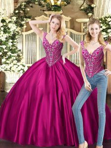 Floor Length Two Pieces Sleeveless Fuchsia 15 Quinceanera Dress Lace Up