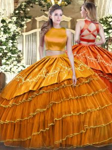 Lovely Sleeveless Floor Length Ruffled Layers Criss Cross 15 Quinceanera Dress with Orange