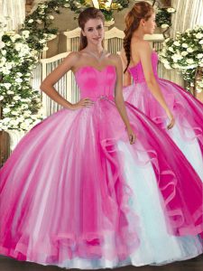 Sweetheart Sleeveless Sweet 16 Dress Floor Length Beading Hot Pink Tulle
