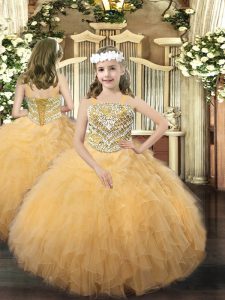 Organza Straps Sleeveless Lace Up Beading and Ruffles Little Girls Pageant Dress Wholesale in Gold