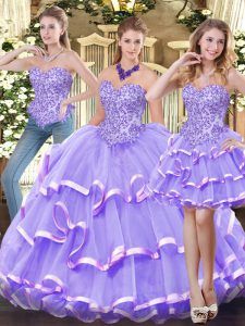 Amazing Lavender 15 Quinceanera Dress Military Ball and Sweet 16 and Quinceanera with Appliques and Ruffled Layers Sweetheart Sleeveless Zipper