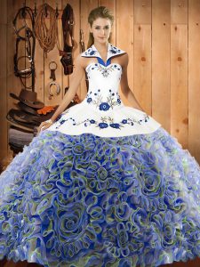 Multi-color Sleeveless Fabric With Rolling Flowers Sweep Train Lace Up Quinceanera Dresses for Military Ball and Sweet 16 and Quinceanera