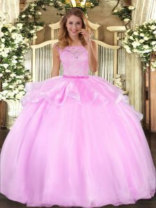 Customized Lilac Clasp Handle Scoop Lace Ball Gown Prom Dress Organza Sleeveless