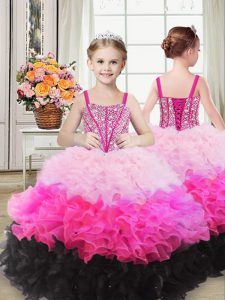 Sleeveless Organza Floor Length Lace Up Child Pageant Dress in Multi-color with Beading and Ruffles