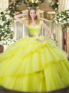 Yellow Green Ball Gowns Ruffled Layers Sweet 16 Quinceanera Dress Zipper Organza Sleeveless Floor Length