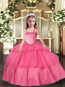 Stylish Straps Sleeveless Organza Pageant Gowns For Girls Appliques and Ruffled Layers Lace Up