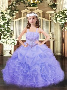 Hot Sale Lavender Sleeveless Beading and Ruffles and Pick Ups Floor Length Pageant Dress for Womens