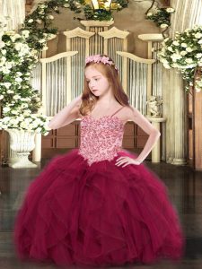 Elegant Wine Red Pageant Dress Wholesale Party and Quinceanera with Appliques and Ruffles Spaghetti Straps Sleeveless Lace Up