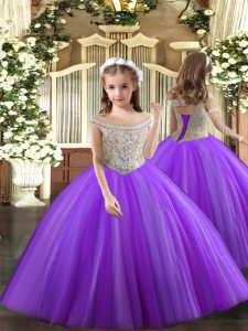 Excellent Purple Little Girls Pageant Dress Wholesale Party and Sweet 16 and Quinceanera and Wedding Party with Beading Off The Shoulder Sleeveless Lace Up