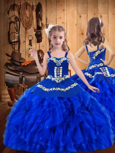 Glorious Royal Blue Lace Up Pageant Dress Wholesale Embroidery and Ruffles Sleeveless Floor Length