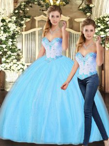 Floor Length Two Pieces Sleeveless Baby Blue Quinceanera Gowns Lace Up