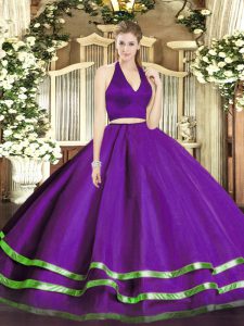 Purple Tulle Zipper Halter Top Sleeveless Floor Length Quinceanera Dresses Ruffled Layers