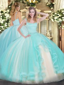 Flare Aqua Blue Ball Gowns Straps Sleeveless Tulle Floor Length Zipper Beading Sweet 16 Dress