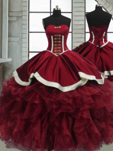 Exquisite Beading and Ruffles Sweet 16 Dress Red Lace Up Sleeveless Floor Length