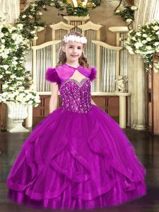 Fuchsia Ball Gowns Beading and Ruffles Kids Formal Wear Lace Up Tulle Sleeveless Floor Length