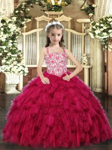 Perfect Straps Sleeveless Organza Little Girls Pageant Gowns Beading and Ruffled Layers Lace Up