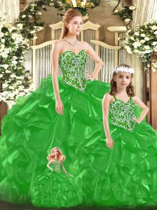 Free and Easy Green Ball Gowns Tulle Sweetheart Sleeveless Beading and Ruffles and Bowknot Floor Length Lace Up Ball Gown Prom Dress