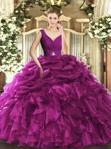 Fashion Floor Length Fuchsia Quinceanera Gown Organza Sleeveless Beading and Ruffles