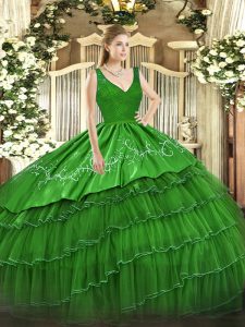 Ball Gowns Sweet 16 Quinceanera Dress Green V-neck Satin and Tulle Sleeveless Floor Length Zipper