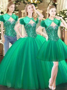 Wonderful Tulle Sweetheart Sleeveless Lace Up Beading Quinceanera Dress in Green