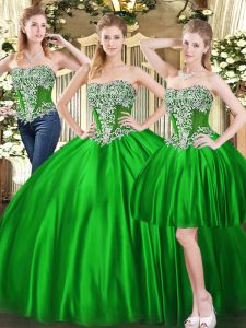 Pretty Green Tulle Lace Up Quince Ball Gowns Sleeveless Floor Length Beading