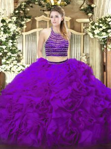 Fantastic Floor Length Eggplant Purple Sweet 16 Dress Halter Top Sleeveless Lace Up