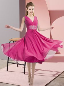 Graceful Hot Pink Empire V-neck Sleeveless Chiffon Knee Length Side Zipper Beading Quinceanera Dama Dress