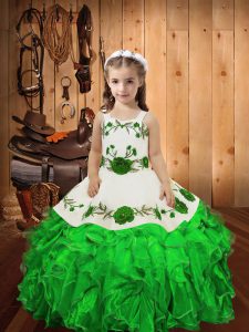 Custom Made Green Girls Pageant Dresses Sweet 16 and Quinceanera with Embroidery and Ruffles Straps Sleeveless Lace Up