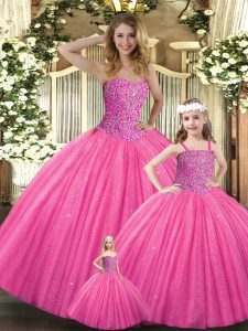 Hot Pink Sweetheart Lace Up Beading Quinceanera Dress Sleeveless