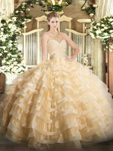 High End Floor Length Champagne Sweet 16 Dress Organza Sleeveless Beading and Ruffled Layers