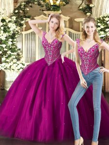 Fuchsia Two Pieces V-neck Sleeveless Tulle Floor Length Lace Up Beading Quinceanera Dresses
