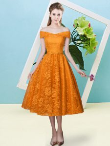 Empire Quinceanera Dama Dress Orange Red Off The Shoulder Lace Cap Sleeves Tea Length Lace Up