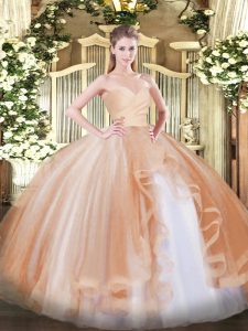 Affordable Tulle Sweetheart Sleeveless Lace Up Ruffles Ball Gown Prom Dress in Champagne