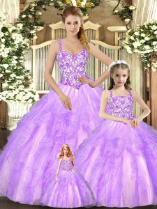 Lilac Lace Up Straps Beading and Ruffles Sweet 16 Dress Organza Sleeveless