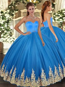 Sleeveless Tulle Floor Length Lace Up Quinceanera Gowns in Blue with Appliques