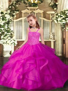 Fuchsia Lace Up Straps Ruffles Child Pageant Dress Organza Sleeveless