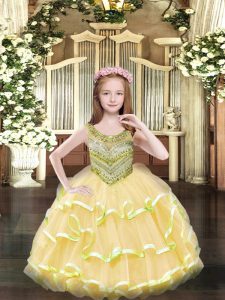 Gold Ball Gowns Organza Scoop Sleeveless Beading and Ruffled Layers Floor Length Lace Up Little Girl Pageant Gowns