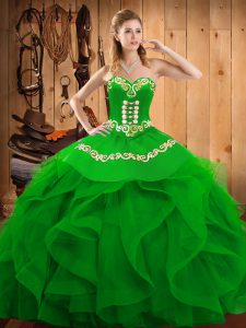 Modern Green Lace Up Sweet 16 Quinceanera Dress Embroidery and Ruffles Sleeveless Floor Length