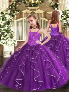 Purple Ball Gowns Straps Sleeveless Organza Floor Length Lace Up Beading and Ruffles Child Pageant Dress