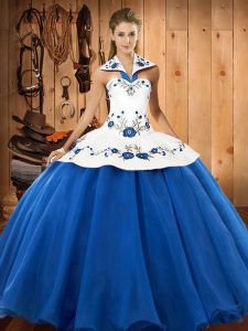 Blue And White Halter Top Neckline Embroidery Sweet 16 Dresses Sleeveless Lace Up