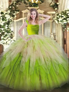 Free and Easy Yellow Green Zipper Straps Lace and Ruffles Quinceanera Dresses Organza Sleeveless