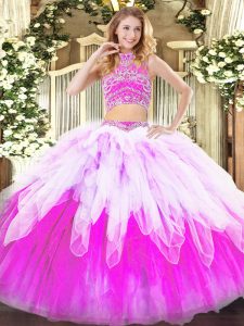 Wonderful Tulle High-neck Sleeveless Backless Beading and Ruffles Quinceanera Dresses in Multi-color