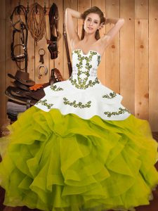 Exceptional Satin and Organza Strapless Sleeveless Lace Up Embroidery and Ruffles Quinceanera Dress in Olive Green