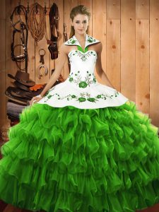 Wonderful Halter Top Lace Up Embroidery and Ruffled Layers Vestidos de Quinceanera Sleeveless