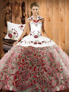 Sleeveless Fabric With Rolling Flowers Sweep Train Lace Up Sweet 16 Quinceanera Dress in Multi-color with Embroidery