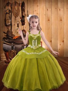 Sleeveless Floor Length Embroidery and Ruffles Lace Up Pageant Dress with Olive Green