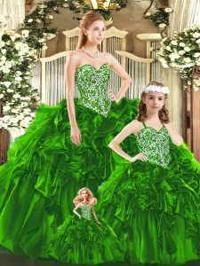 Stylish Green Lace Up Quinceanera Dress Beading and Ruffles Sleeveless Floor Length