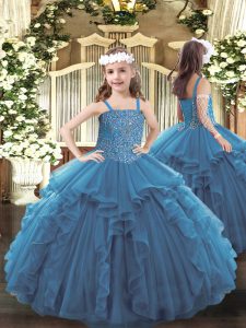 Fashionable Teal Sleeveless Beading and Ruffles Floor Length Kids Pageant Dress